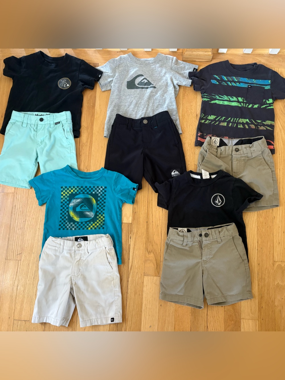 Lot of 5 outfits; 2T Quiksilver, Volcom, Hurley; 10 pieces tops and bottoms